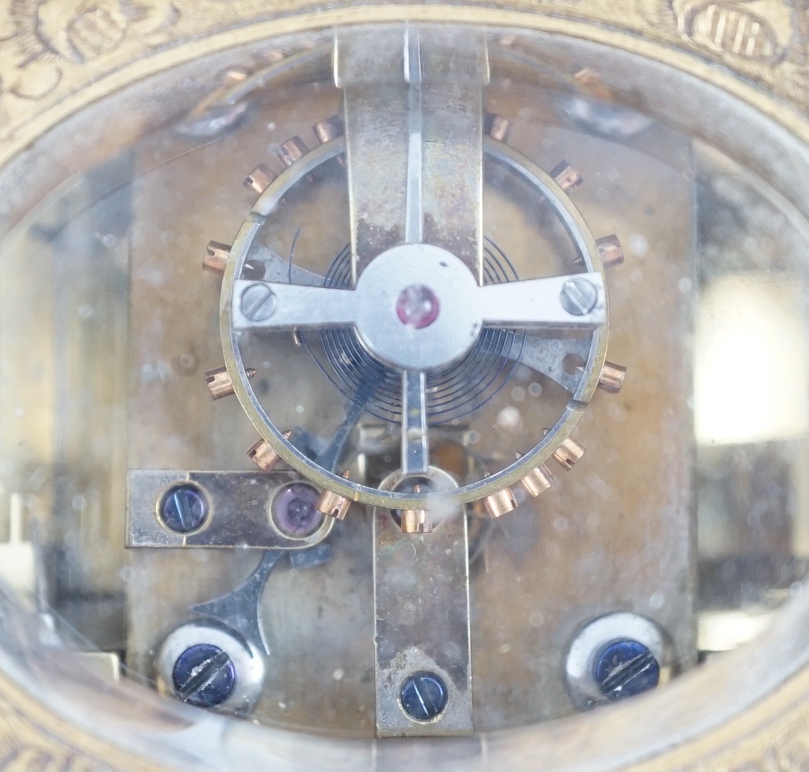 A late 19th century French engraved gilt brass gorge-cased repeating carriage clock with alarm, width 7.5cm depth 6.5cm height 11.5cm